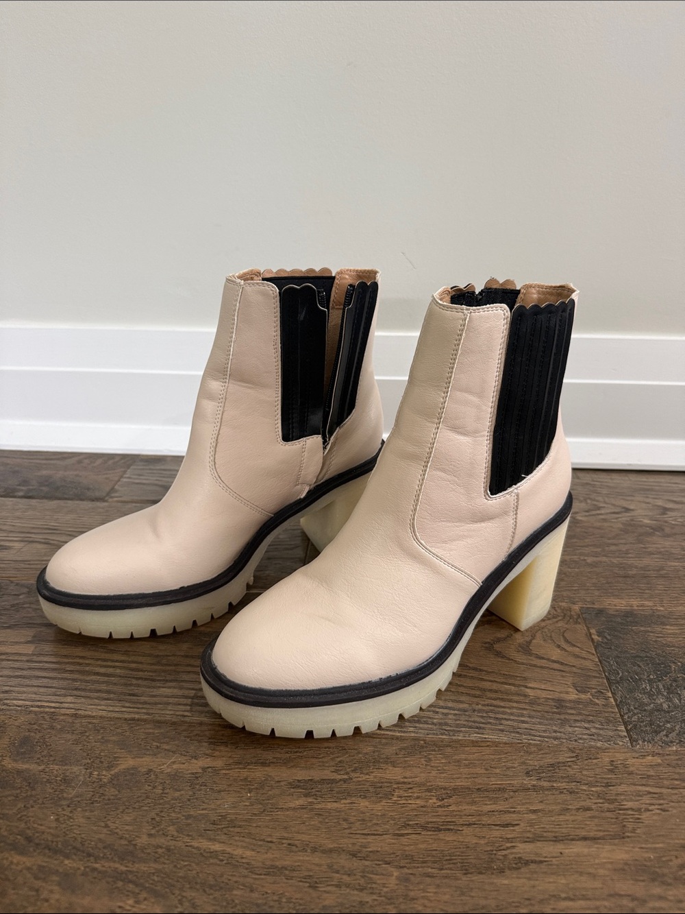 Women's Cream Leather Chelsea Heeled Boots with Black Elastic Panels - Picture 3 of 7